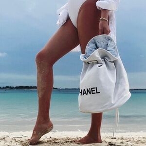 LARGE CHANEL GWP White Canvas Drawstring Pouch